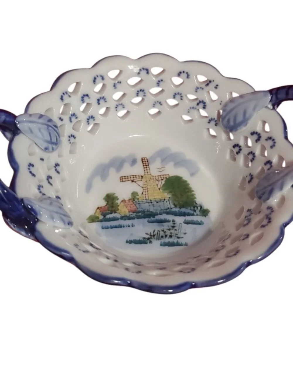 D.N&E.L Hand-Vtg Porcelain Basket W/Windmill Scene & Dual Handles Blue & White